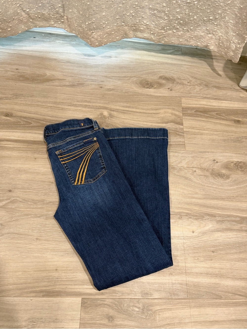 7 For All Mankind Dark Blue Wide Leg Jeans with Gold Stitching